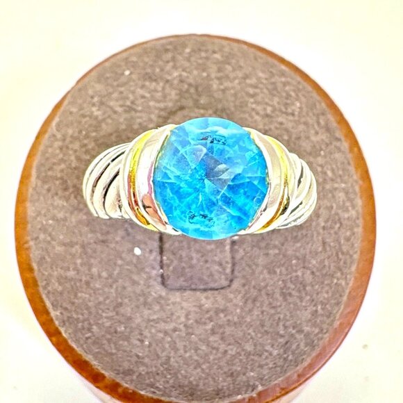 Silver Plated Two Tone Blue Crystal Cable Design Statement Ring Size 8 - Picture 1 of 11